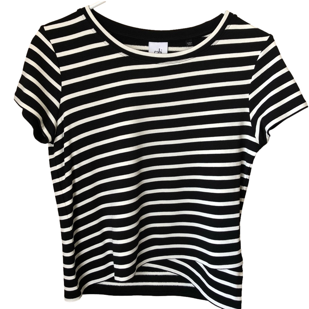CAbi Gracie #5059 Black & White Diagonal Striped Crop Top Tee  - Size Small